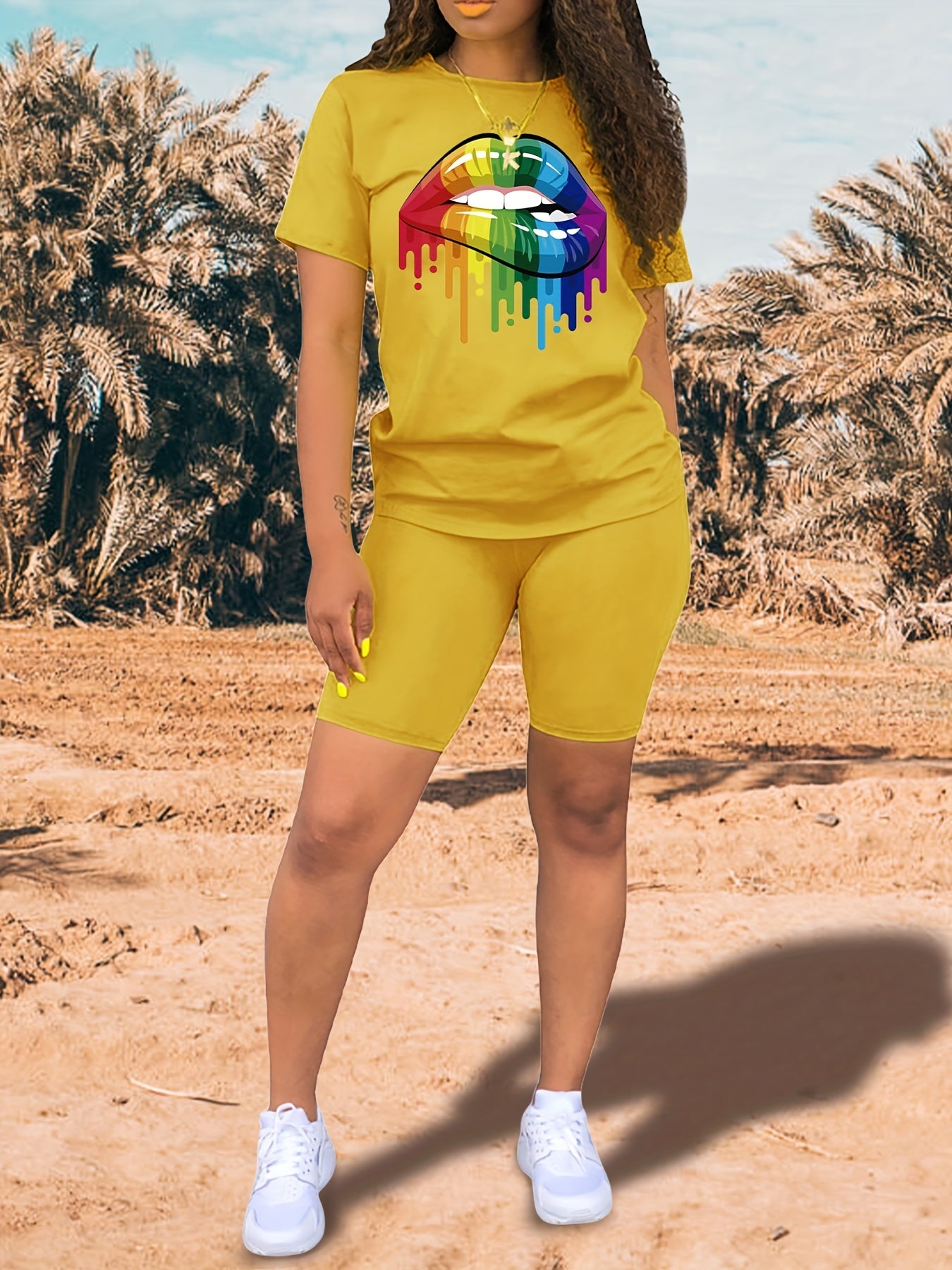 Lips Print Tee & Slim Shorts Set for Women