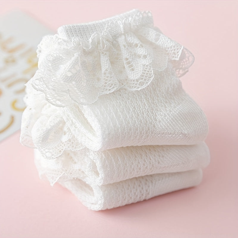 3 Pairs Lace Trim Socks for Baby Girls - Breathable & Comfortable