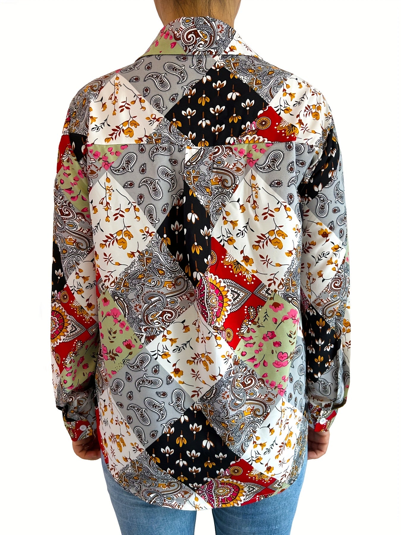  Boho Blouse Women's Plus Paisley Print Button Up Long Sleeve Blouse