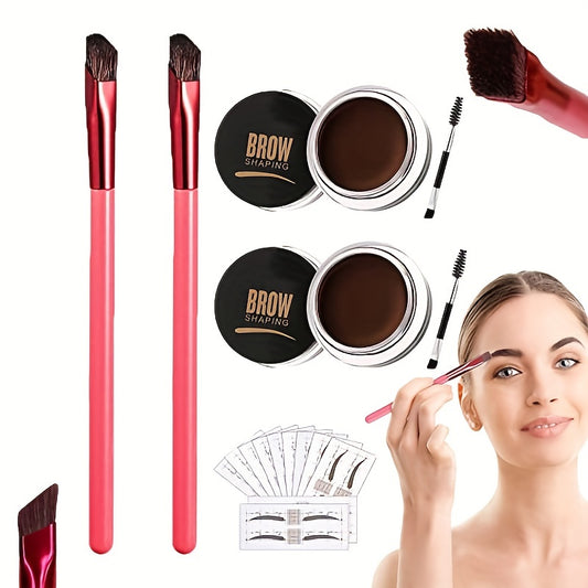 2pcs Eyebrow Pomade With Brush + 2 Pcs Eyebrow Gel Brush + 10pcs Eyebrow Stencil