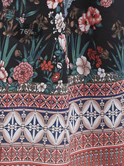  Colorblock Floral Geometric Print Cap Sleeve Midi Dress