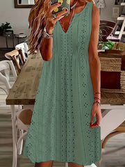  Solid Eyelet Embroidered Notched Neck Tank Dress