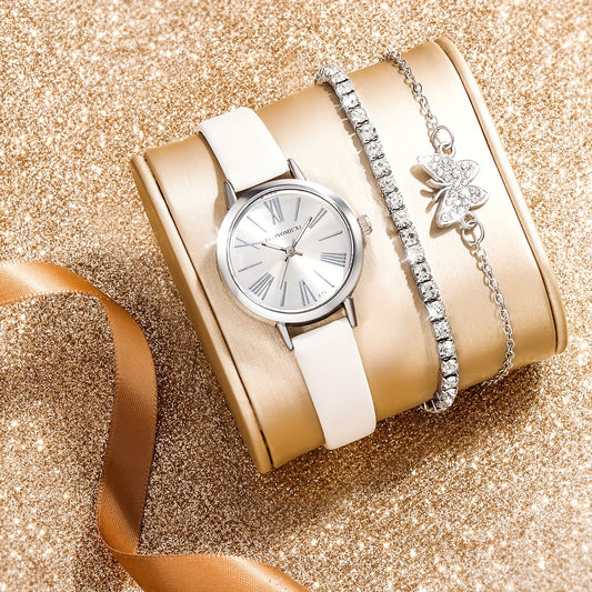 Stylish PU Leather Watch Set with Rhinestone Bracelets