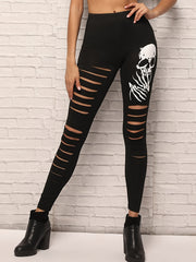 Skull Print Slim Leggings High Waist Hole Elastic Tight Casual Leggings