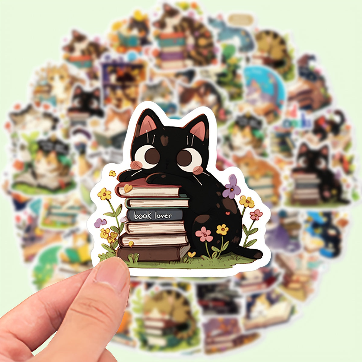50pcs Reusable Cat Reading Stickers for Laptops Water Bottles Notebooks