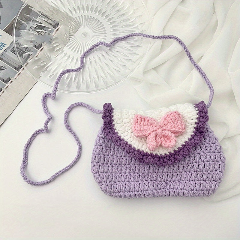 Cartoon Bow Decor Knit Shoulder Bag Coin Purse Mobile Phone Bag