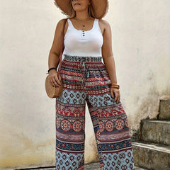 Boho Patchwork Print Wide Leg Pants - Plus Size