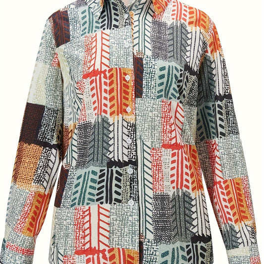  Patchwork Print Long Sleeve Shirt Top