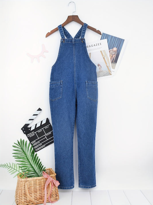 Girls' Full Length Denim Overalls with Pockets