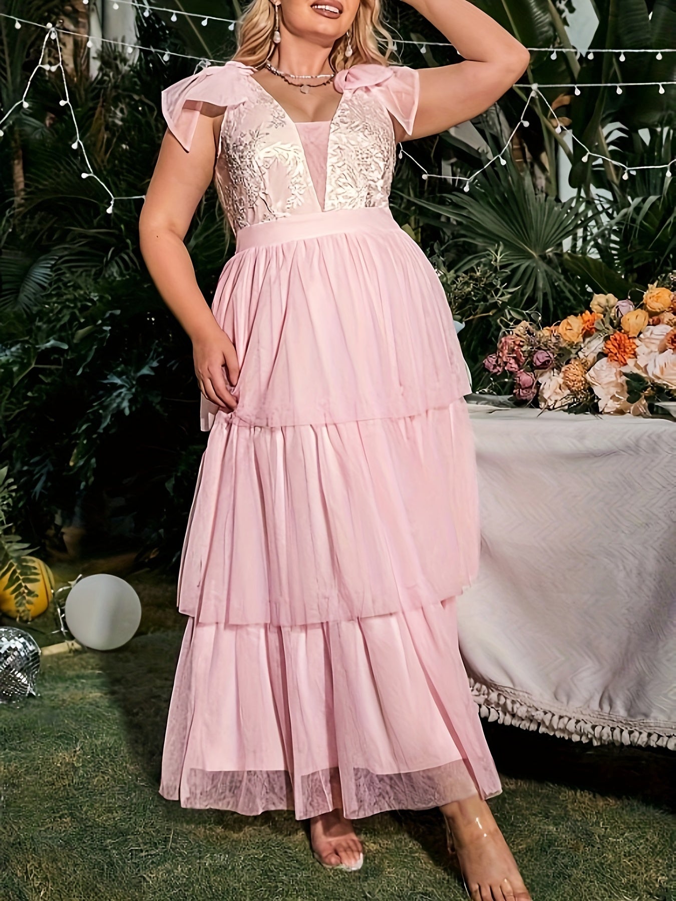  Colorblock Floral Embroidery Maxi Bridesmaid Dress