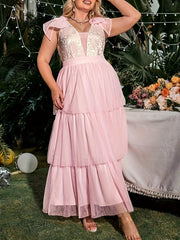  Colorblock Floral Embroidery Maxi Bridesmaid Dress