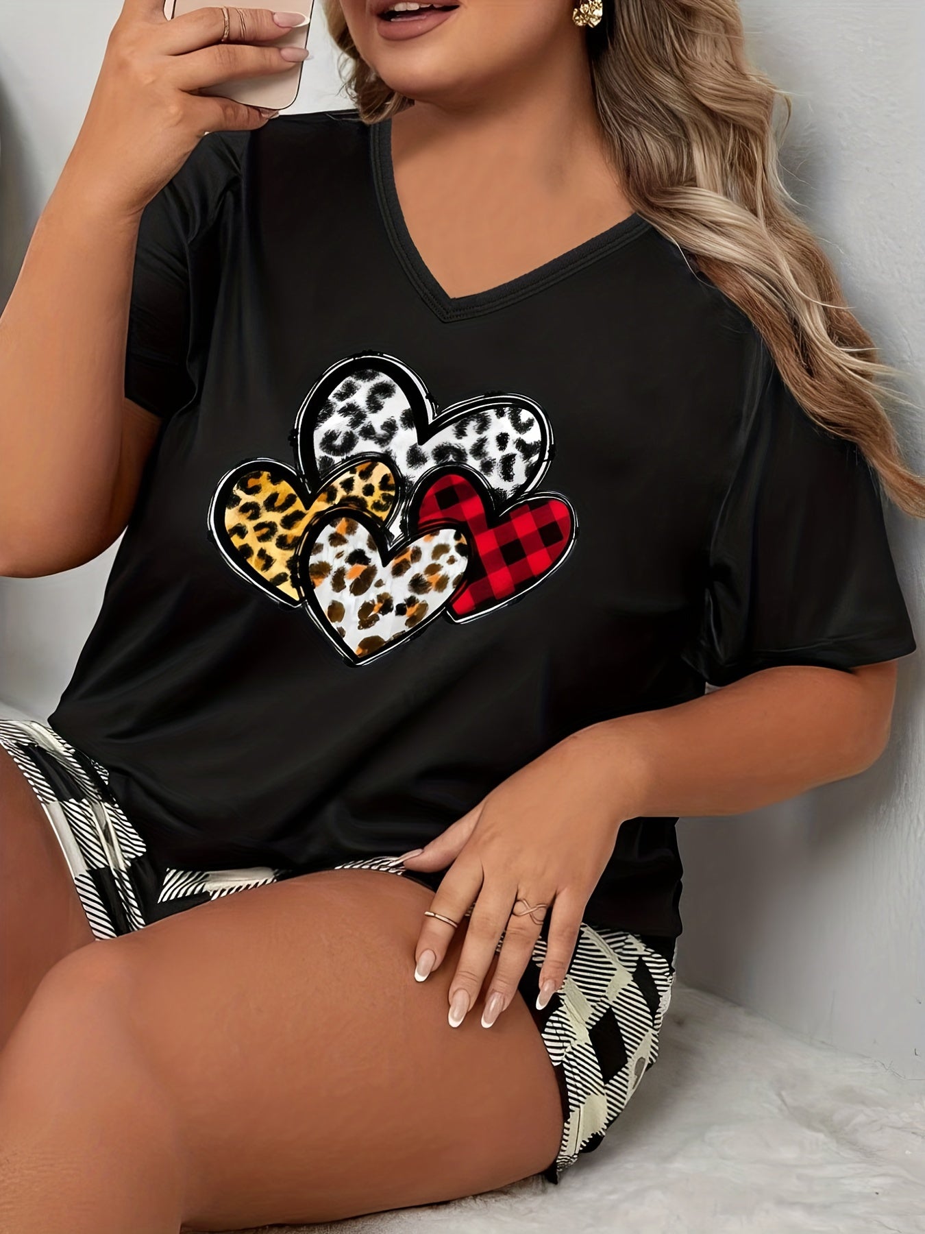  Leopard & Stripe & Dot Heart Pajama Top