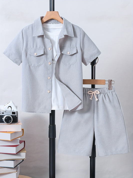 Boy's 2pcs Shirt & Drawstring Shorts Set Solid Casual Outfits Kids Clothes