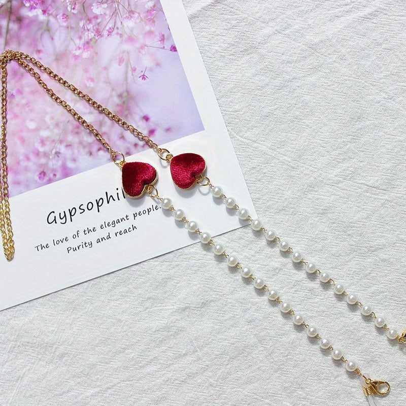 Velvet Double Heart Pendant Mask Chain with Faux Pearl Detail
