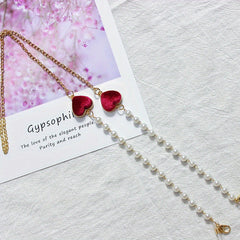 Velvet Double Heart Pendant Mask Chain with Faux Pearl Detail
