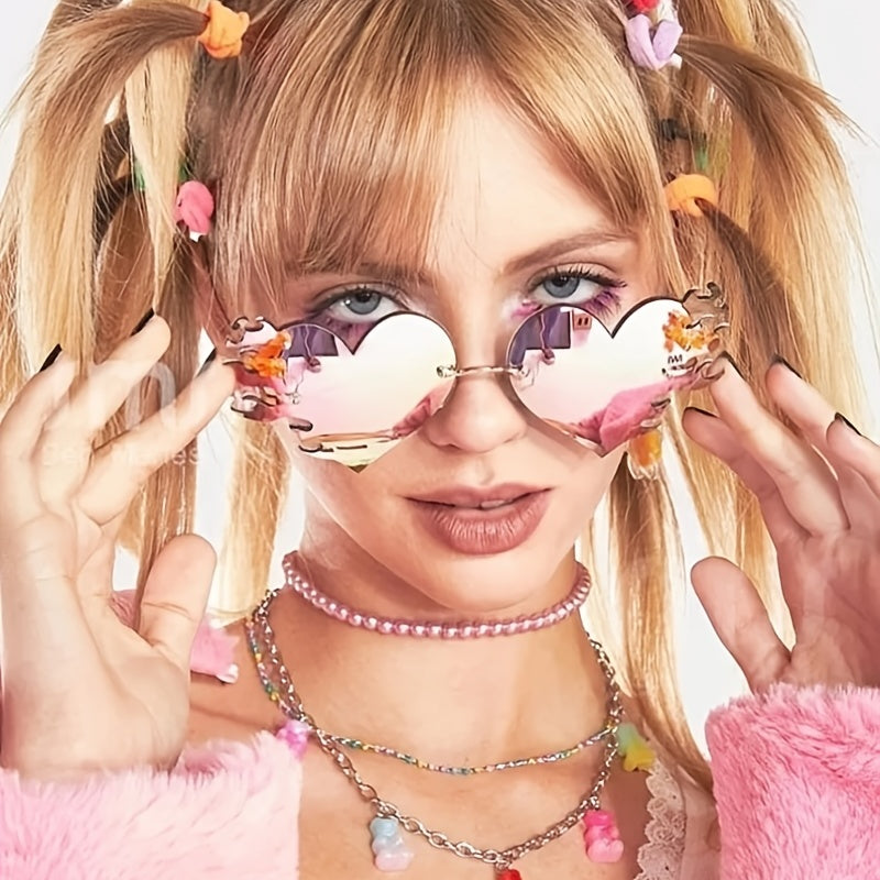 Rimless Flame Heart Sunglasses 90s Burning Glasses