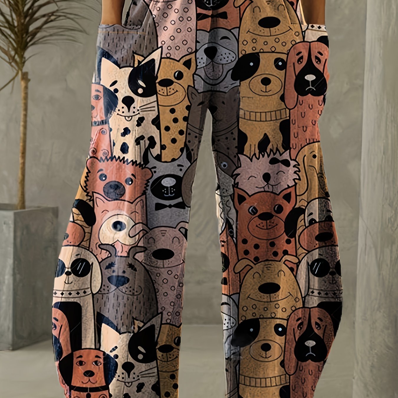  Dog Print Wide Leg Pants With Pockets