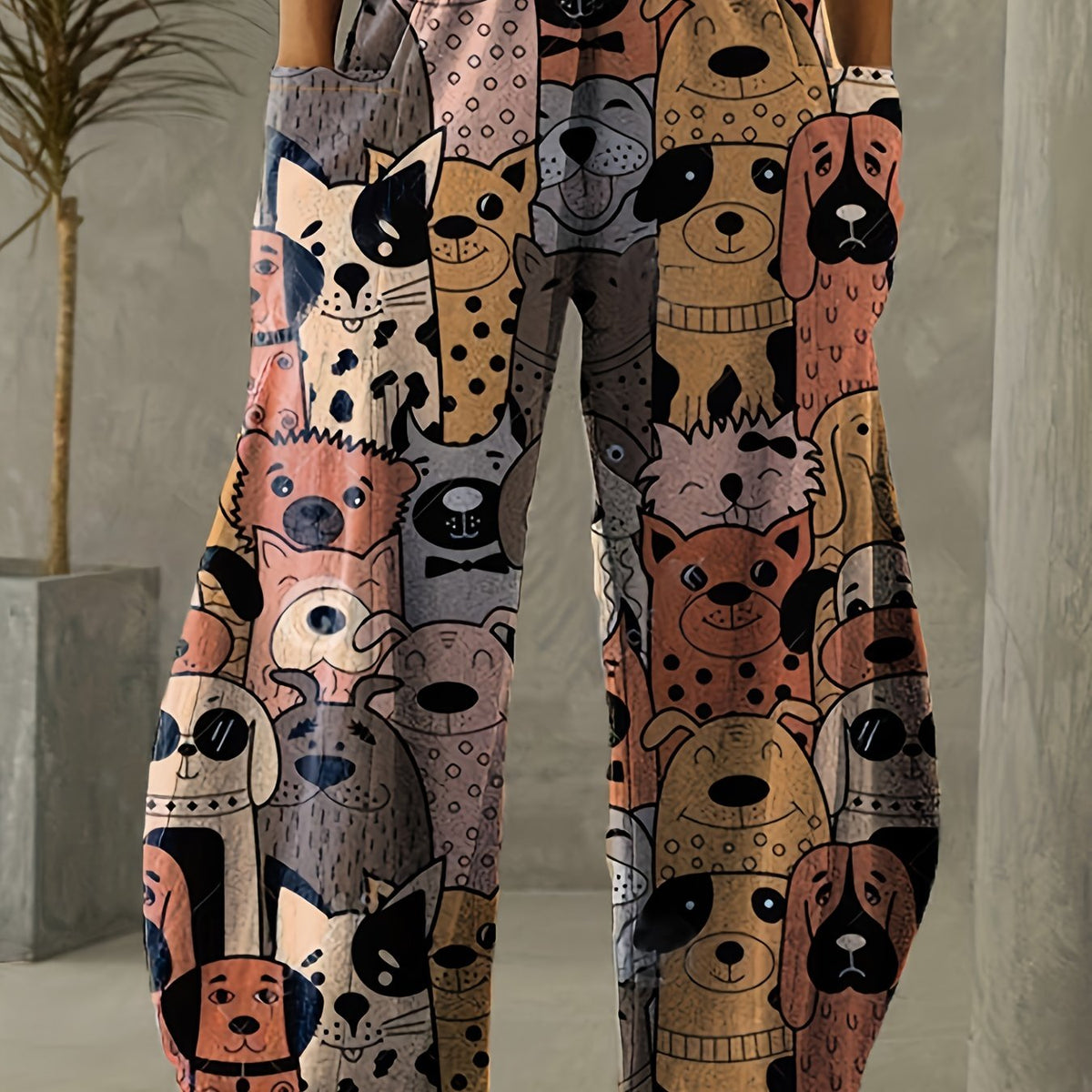  Dog Print Wide Leg Pants With Pockets