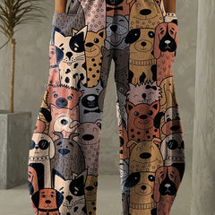  Dog Print Wide Leg Pants With Pockets