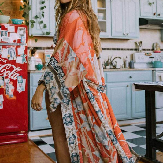 Tribal Pattern Long Robe Contrast Trim Kimono Cover Up