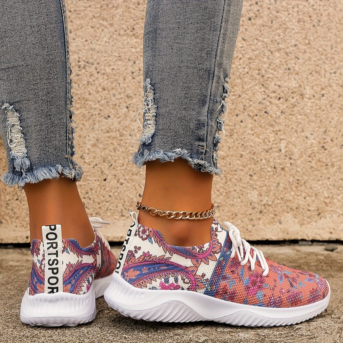 Ethnic Print Mesh Breathable Lightweight Running Shoes