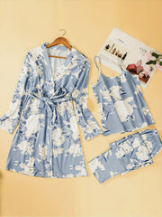 Floral Print Pajama Set Robe Top Pants Women's Sleepwear