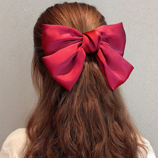Vintage Satin Big Hair Bow Tie Barrette 2 Tiers Bow Hair Clip