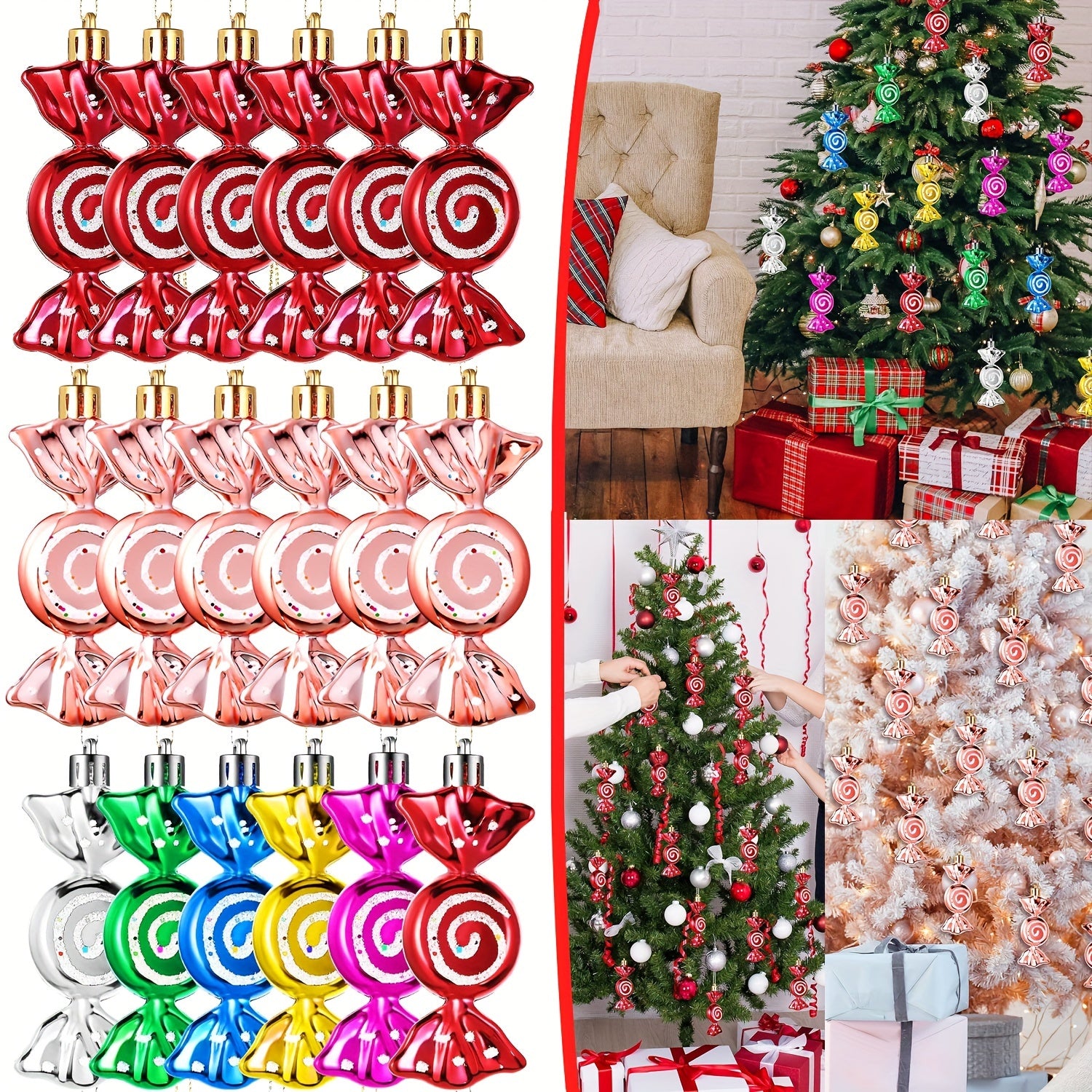 6pcs Glitter Christmas Candy Hanging Ornaments Holiday Party Favor