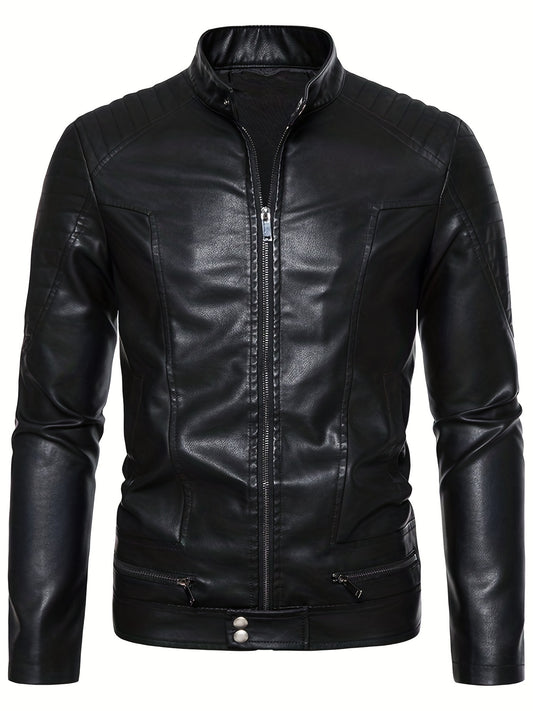 Men's PU Zip Up Stand Collar Faux Leather Jacket