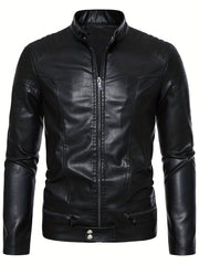 Men's PU Zip Up Stand Collar Faux Leather Jacket