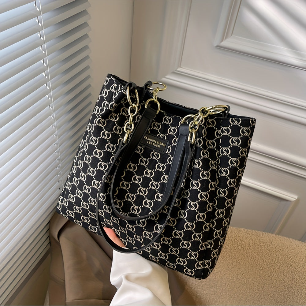 Argyle Letter Pattern Tote Bag Large Capacity Canvas Shoulder Bag