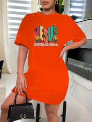  Heart & Slogan Print Short Sleeve Round Neck Dress