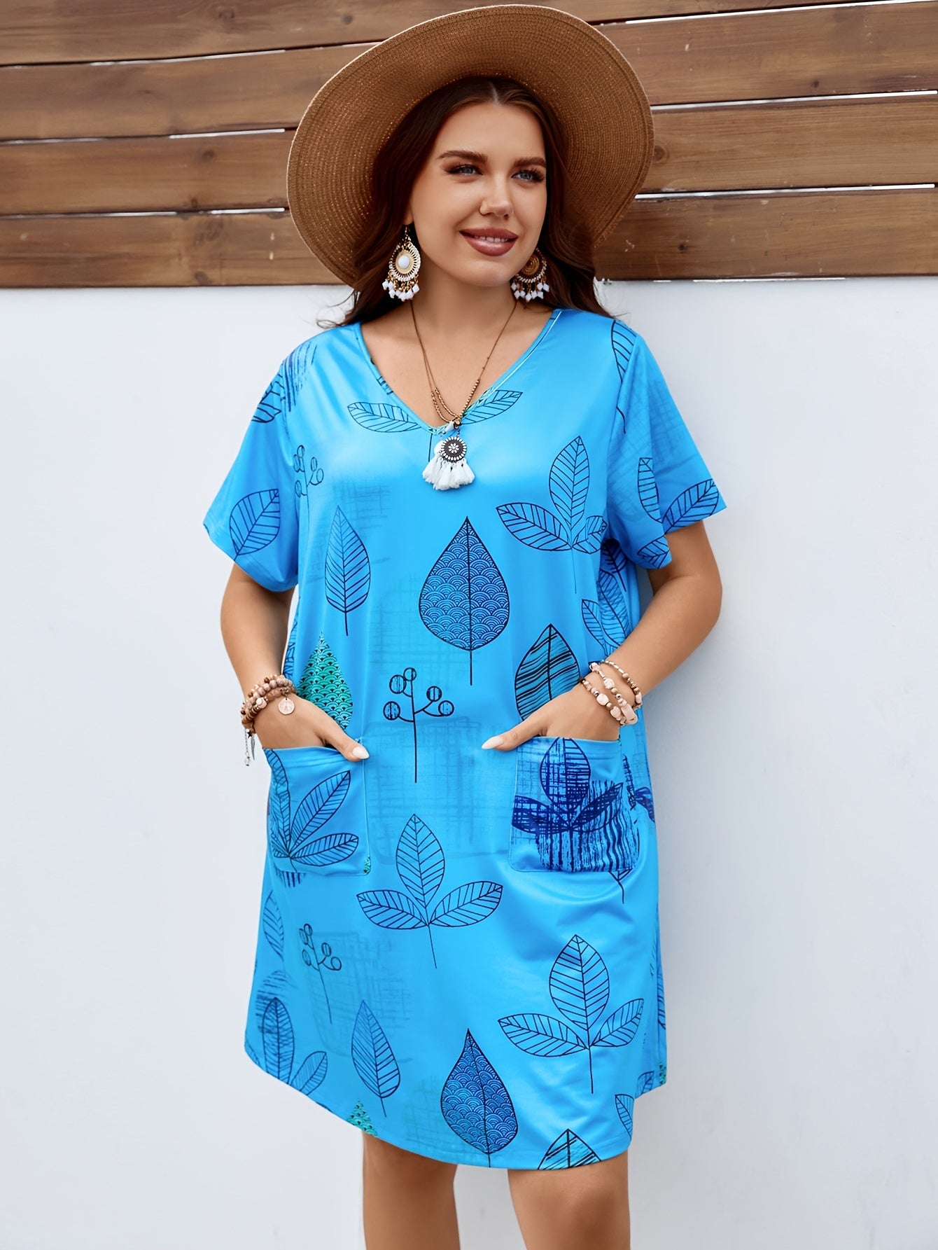  Leaf Print Short Sleeve V Neck Dress