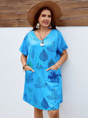  Leaf Print Short Sleeve V Neck Dress