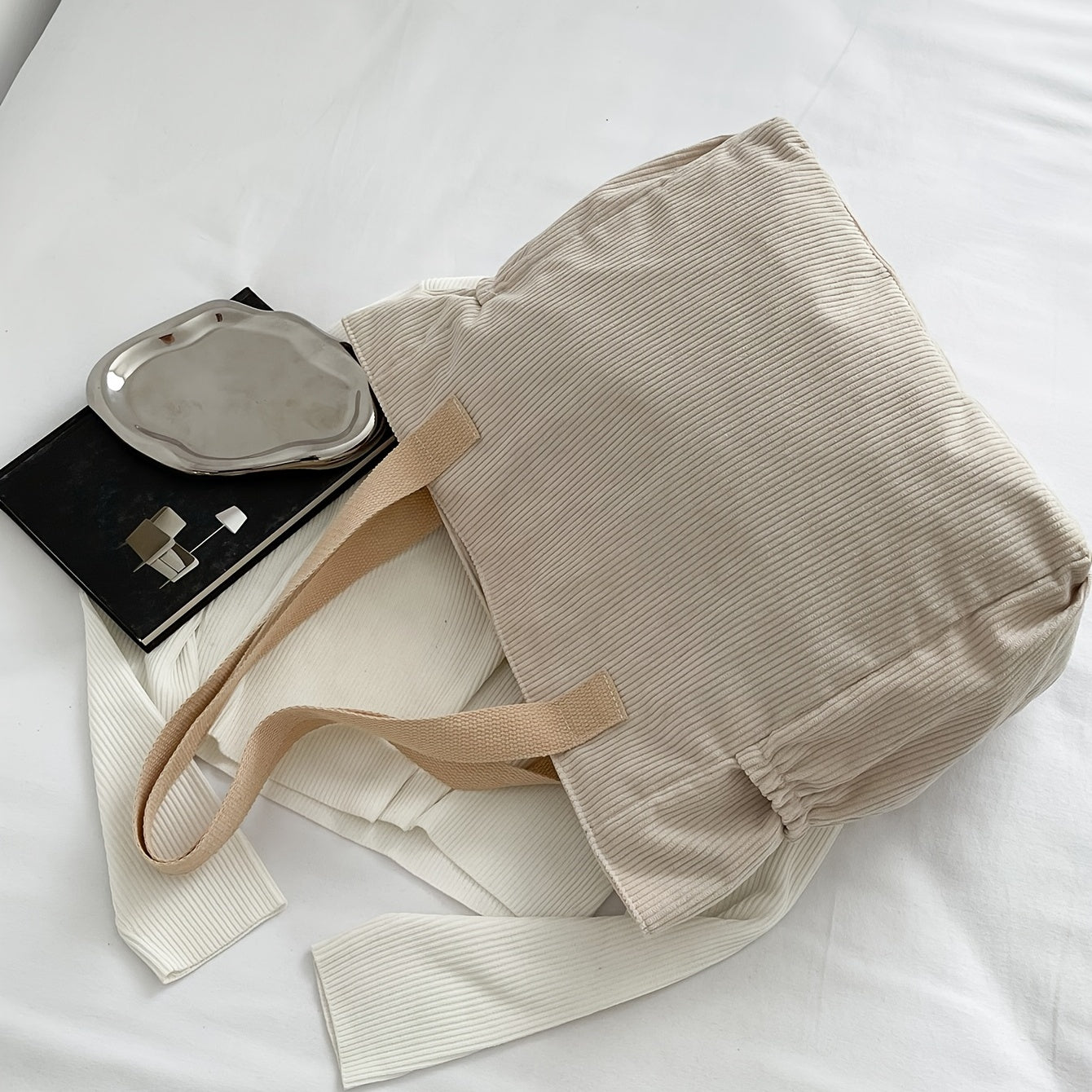 Corduroy Tote Bag Large Capacity Lightweight Shoulder Shopper Bag
