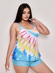  Colorful Tie Dye Split Strap Tankini Set