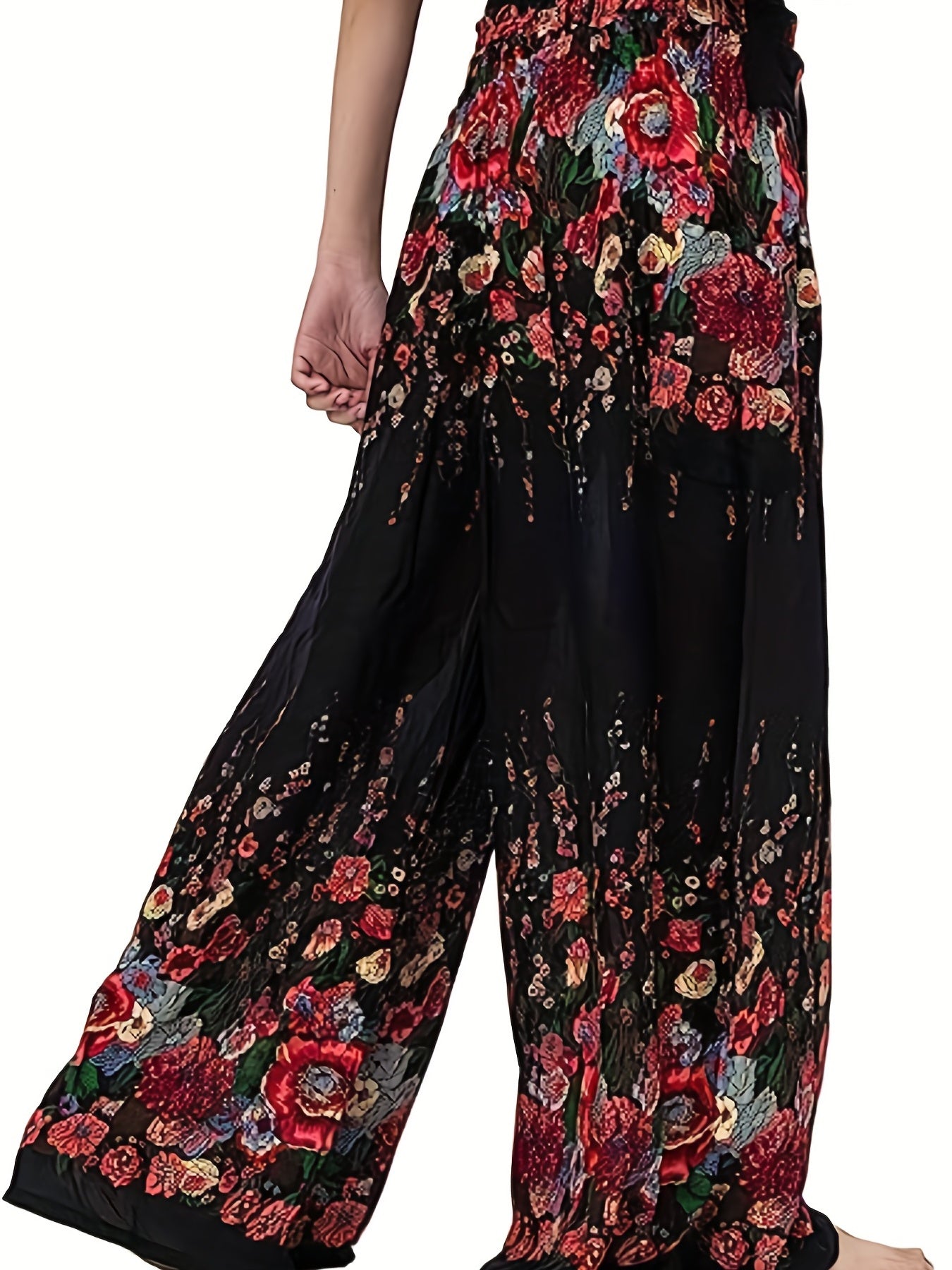 Floral Print High Rise Wide Leg Trousers With Belt