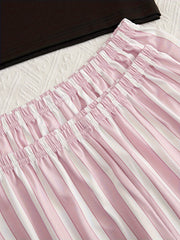 Letter Print Pajamas Set Short Sleeve Top & Striped Shorts & Pants