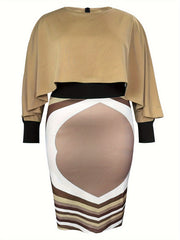  Colorblock Geometric Print Long Sleeve Slim Fit Dress