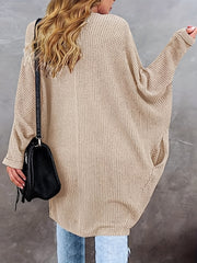  Waffle Knit Bat Sleeve Open Front Sweater Cardigan