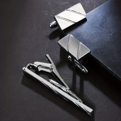 Glossy Laser Cutting Line Tie Clip Cufflinks Set