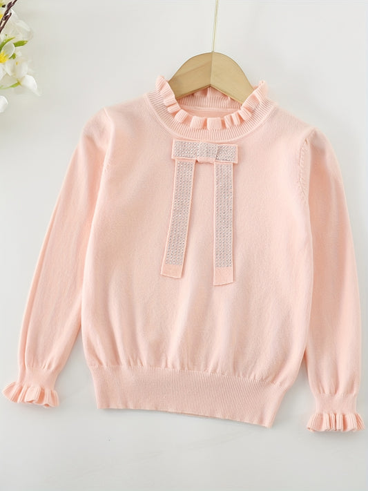 Girls Bow Front Flounce Cuffs Long Sleeve Sweater Top