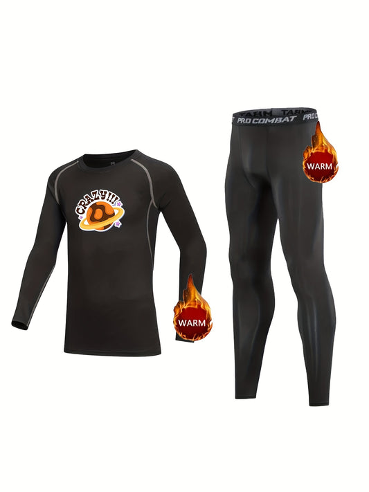 2pcs Kids Compression Fleece Sets - Cartoon Planet Print Crew Neck