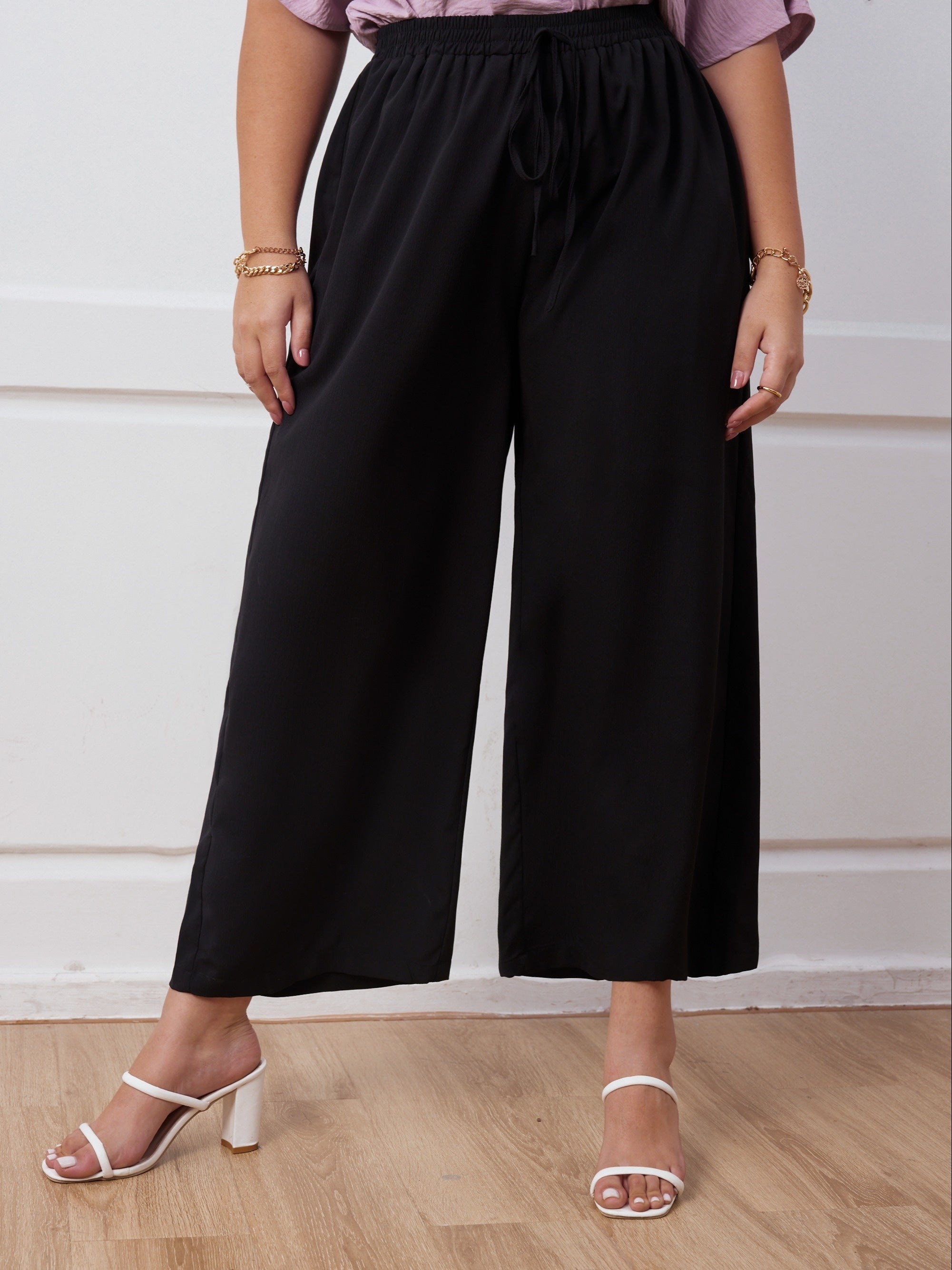  Solid Elastic Drawstring Wide Leg Pants