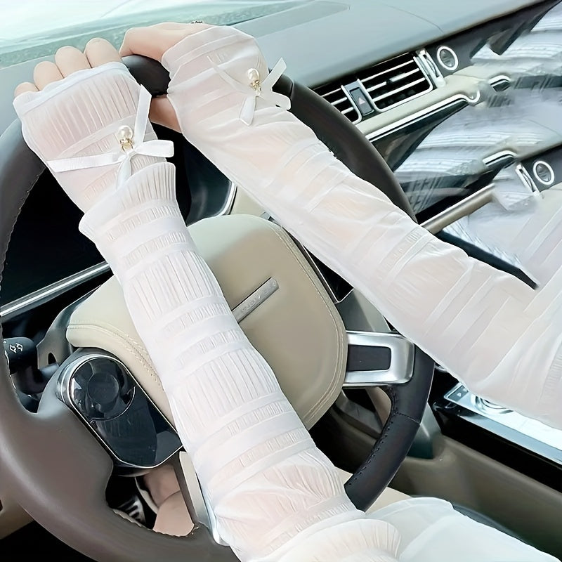 Lace Long Gloves Faux Pearl Decor Wedding Bridal Women Sunscreen Ice Sleeves