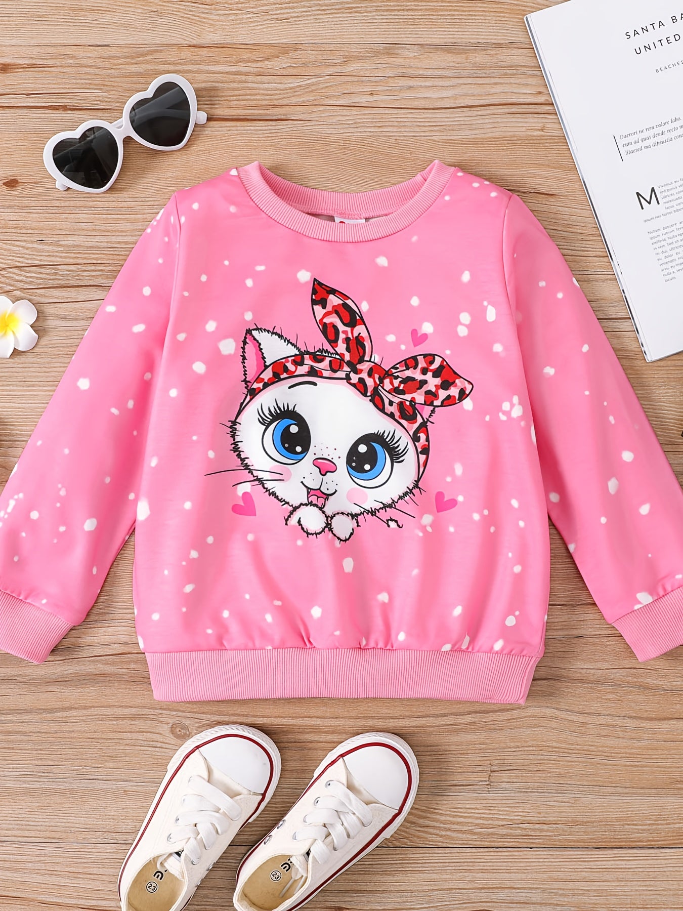 Toddler Girls Cat Print Long Sleeve Pullover Sweatshirt
