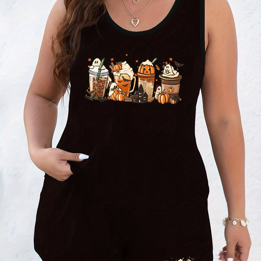  Ghost & Pumpkin Drinks Print Loungewear Set