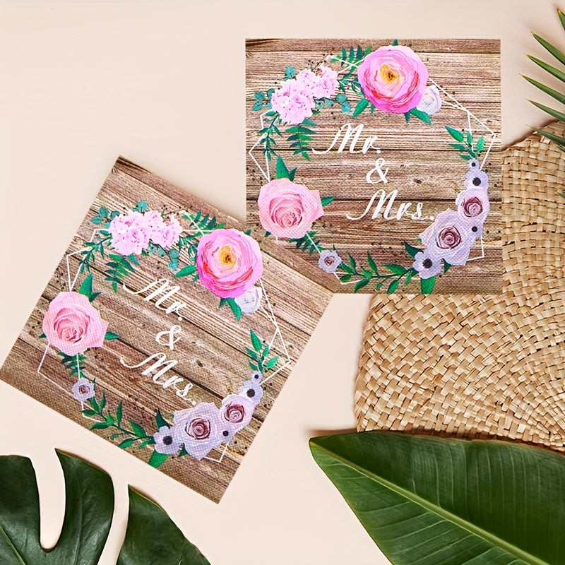 20pcs Rustic Wooden Wedding Tea Party Pink Floral Mr And Mrs Paper Napkins