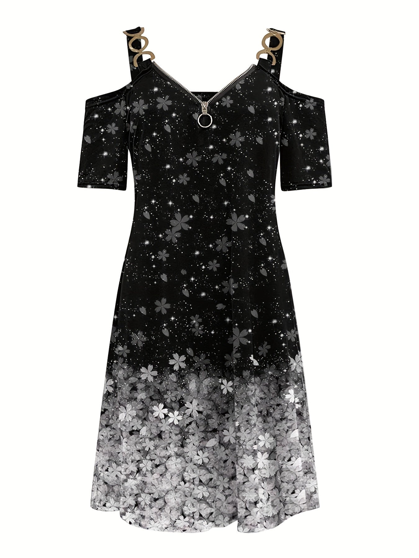  Casual Dress Women's Plus Feather Print Metal Decor Zipper