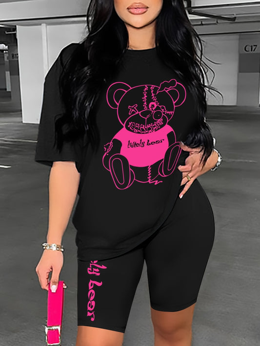 Teddy Bear Print Two piece Set Short Sleeve Casual Top & Shorts